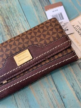 Brown Geometric Pattern Continental Wallet with Gold Plaque Concept NWT